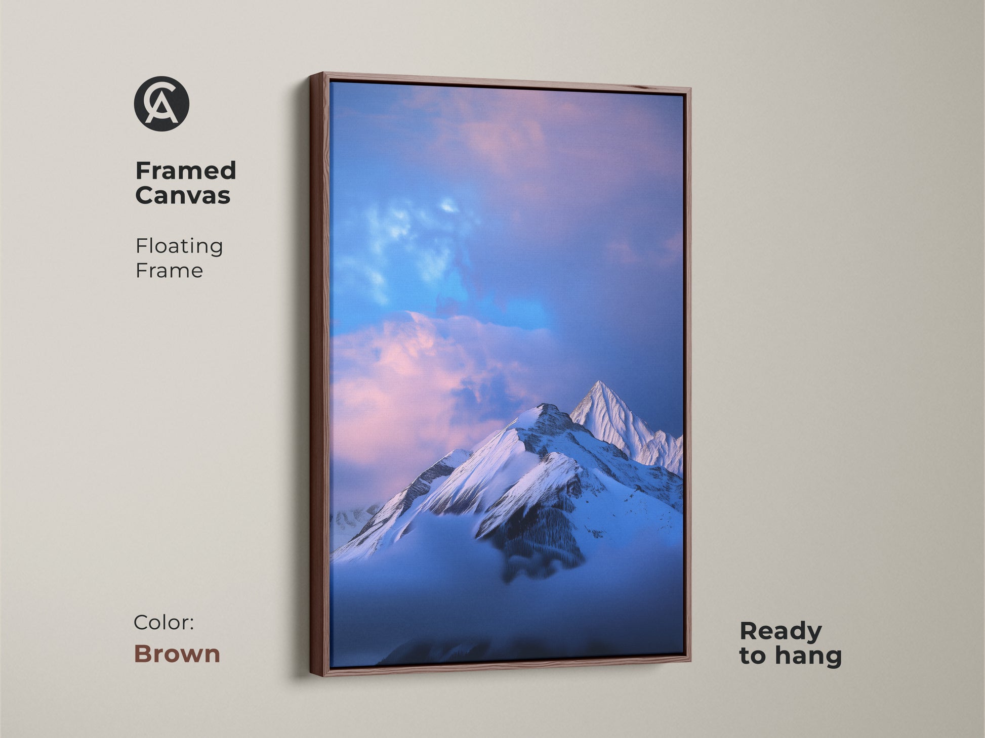 Framed canvas featuring a snowy mountain scene with a brown floating frame. This photorealistic mountain decor is ready to hang. The blue sky art print enhances any space. Perfect for outdoor enthusiasts.