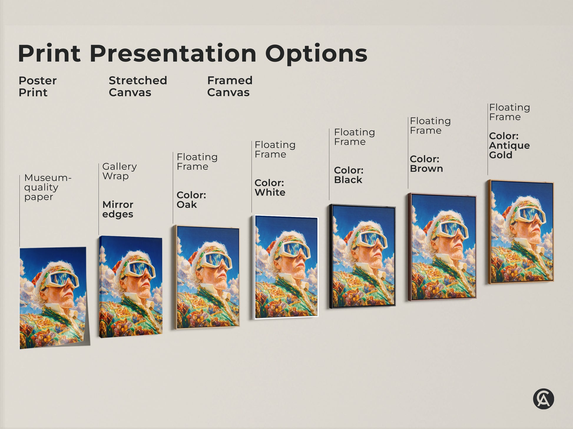 Explore print presentation options like poster prints stretched canvas and framed canvas. Each format showcases the art of a man in goggles and a suit. Choose the style that best fits your decor. Find museum-quality paper and gallery wraps here.