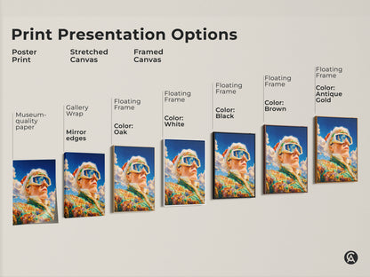 Explore print presentation options like poster prints stretched canvas and framed canvas. Each format showcases the art of a man in goggles and a suit. Choose the style that best fits your decor. Find museum-quality paper and gallery wraps here.