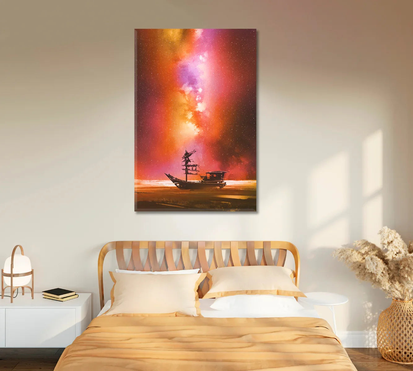 Abandoned boat under a vivid galaxy—vertical canvas above a bed