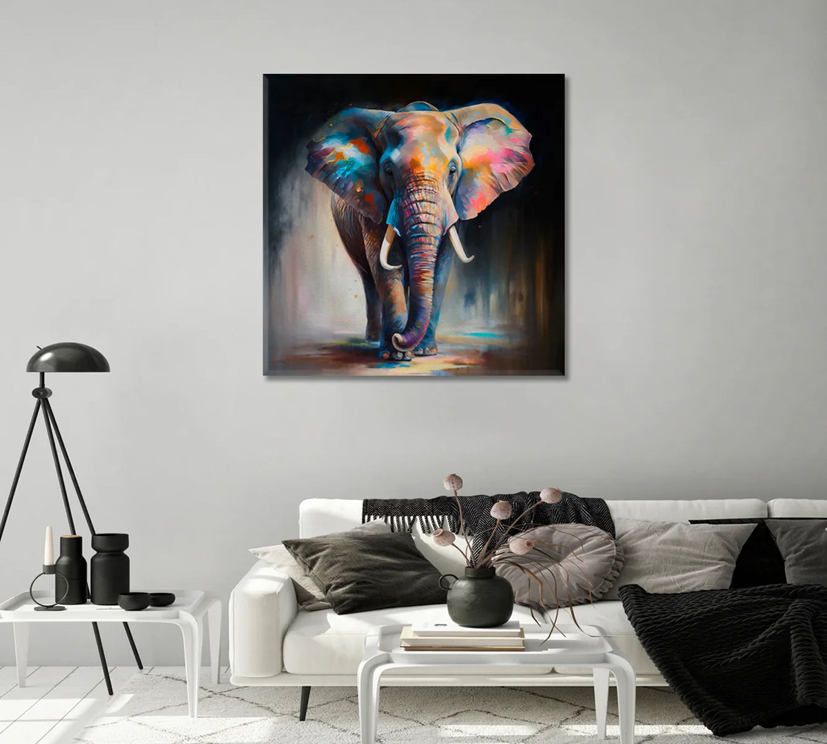 Abstract elephant canvas in a modern living room with neutral sofa