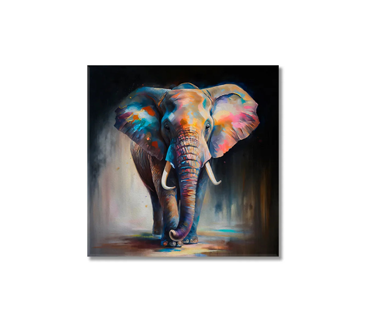 Abstract elephant with teal and coral brushstrokes walking forward