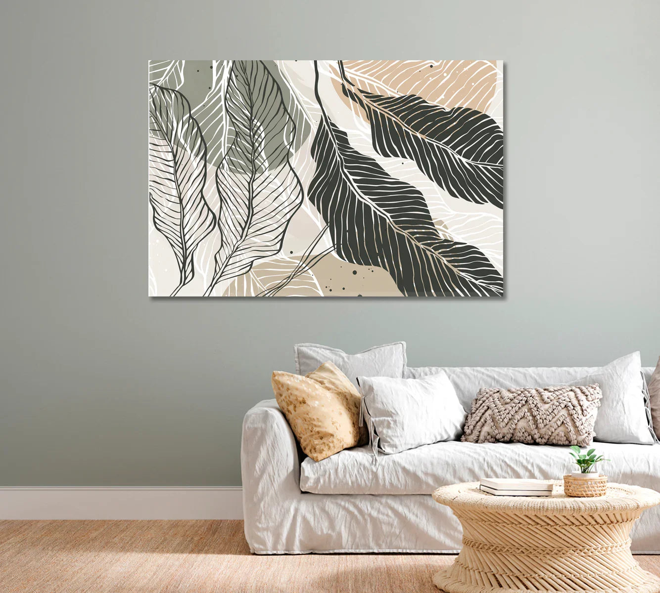 Abstract Leaves Modern Wall Art hero canvas over sofa in a soft-neutral living room