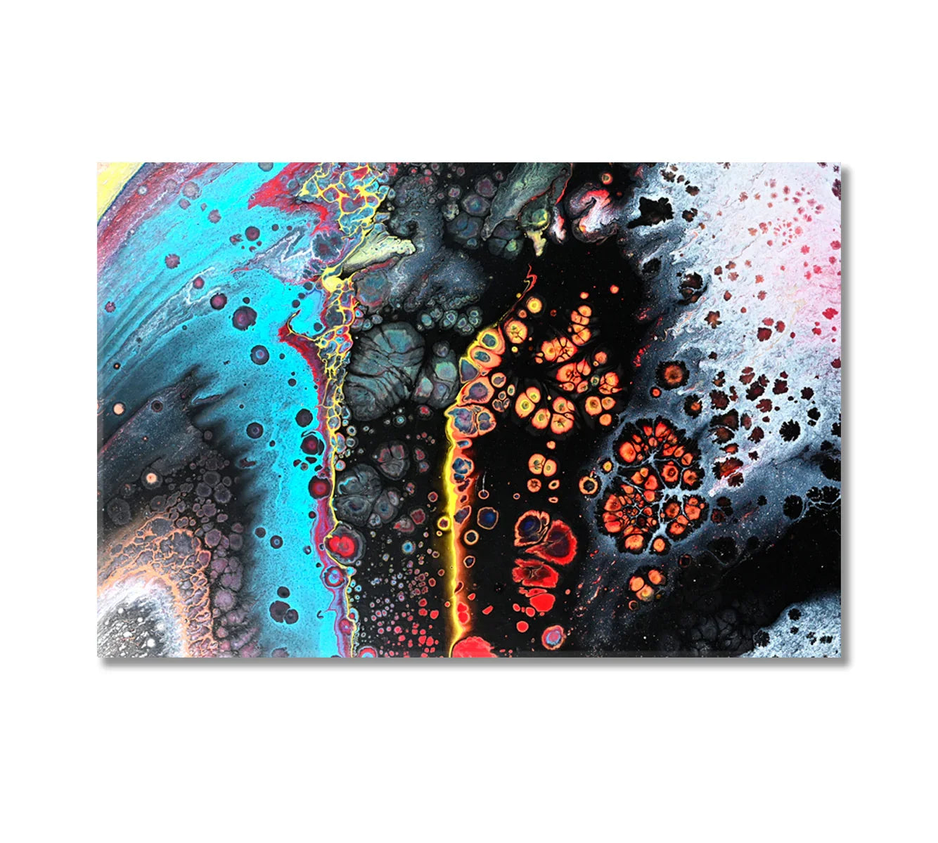 Abstract multicolor canvas print — close-up hero shot showing vibrant teal, orange, black and pink textures on cotton canvas