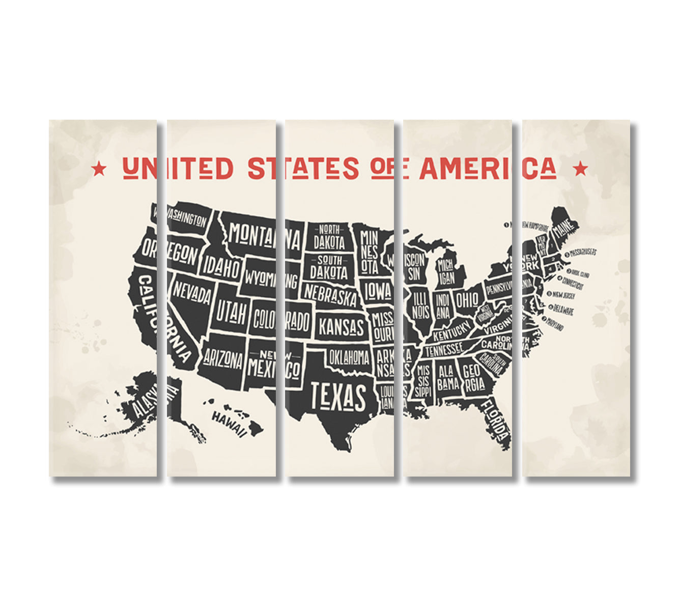United States America Map Wall Art-Canvas Print-CetArt-5 Panels-36x24 inches-CetArt