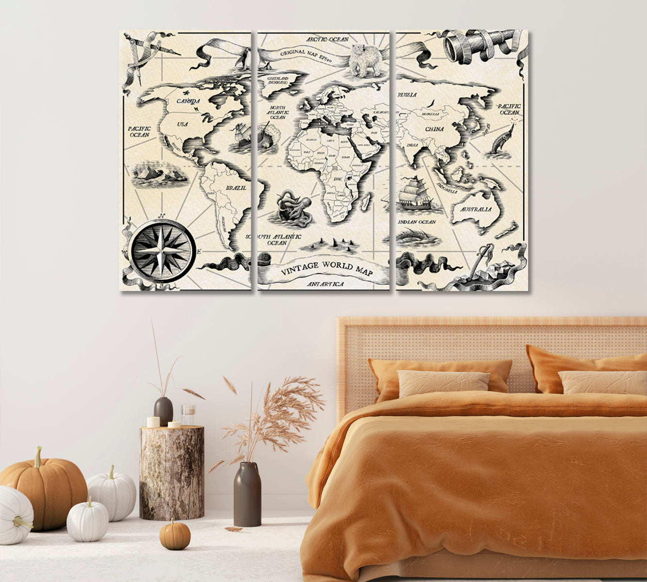 Vintage World Map Canvas Wall Decor-Canvas Print-CetArt-1 Panel-24x16 inches-CetArt