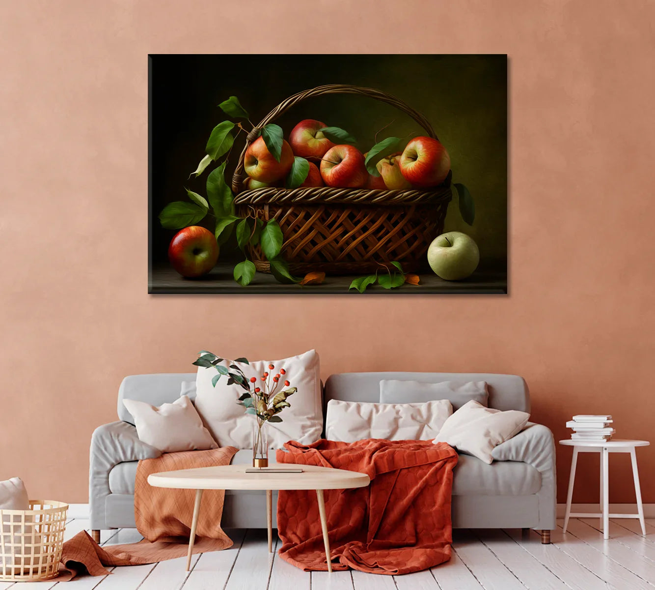 Wicker basket of apples with leaves on a warm olive backdrop — welcoming kitchen canvas
