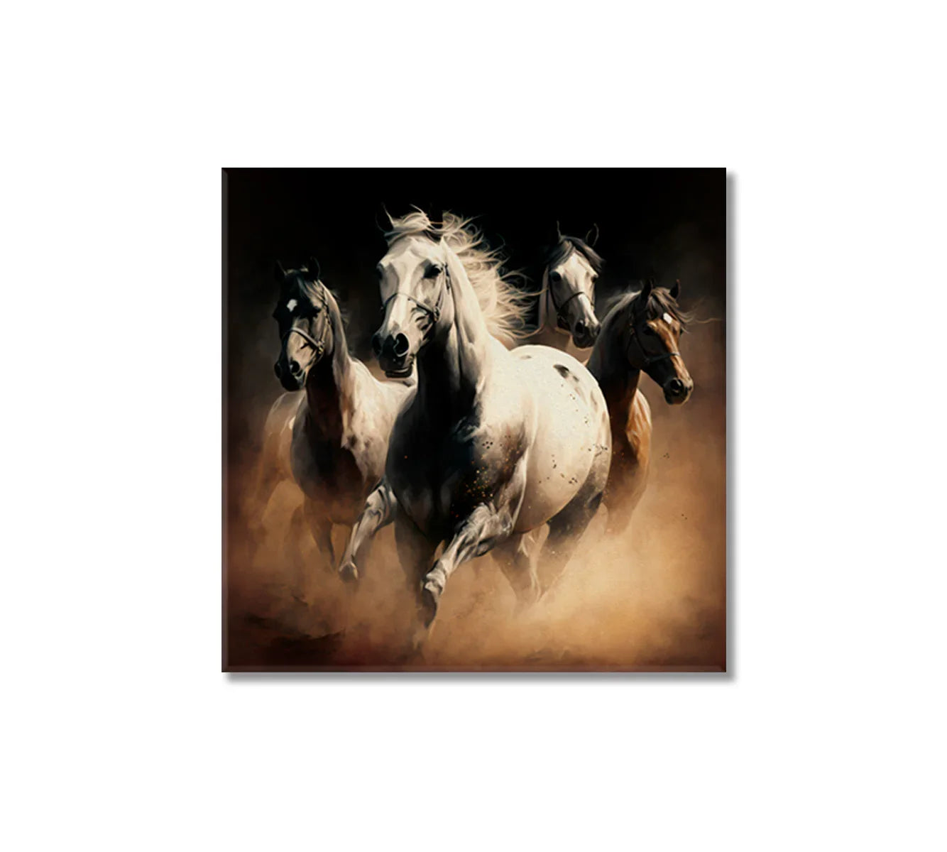Dynamic Arabian horses canvas—majestic motion in warm neutrals, ideal for gifting