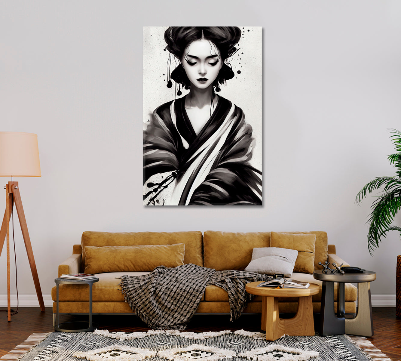 Geisha in Kimono Printing Art On Canvas-Canvas Print-CetArt-1 panel-16x24 inches-CetArt