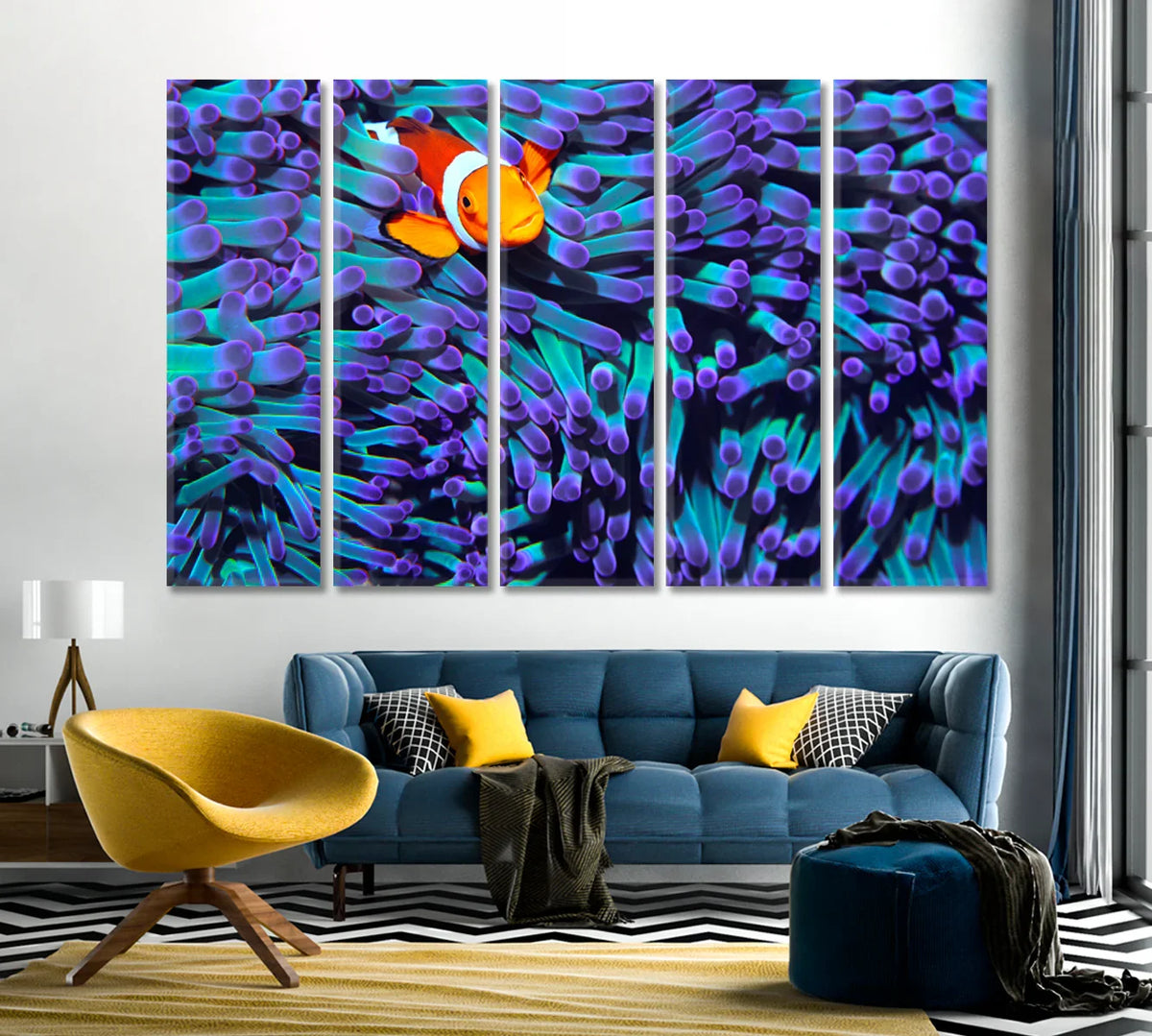 Vibrant underwater anemone with clownfish, presented as a multi-panel canvas