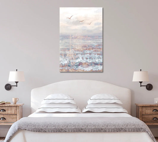 Boho style sea waves art in blue and beige