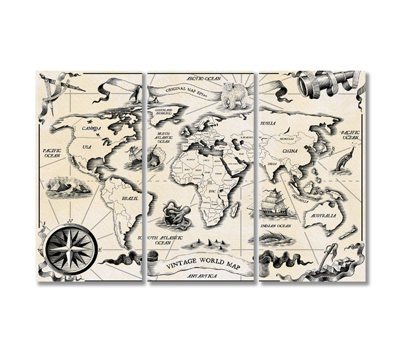 Vintage World Map Canvas Wall Decor-Canvas Print-CetArt-3 Panels-36x24 inches-CetArt