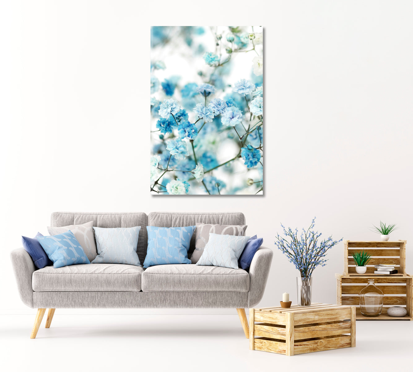 Blue Gypsophila Flowers Print Wall Art-Canvas Print-CetArt-1 panel-16x24 inches-CetArt
