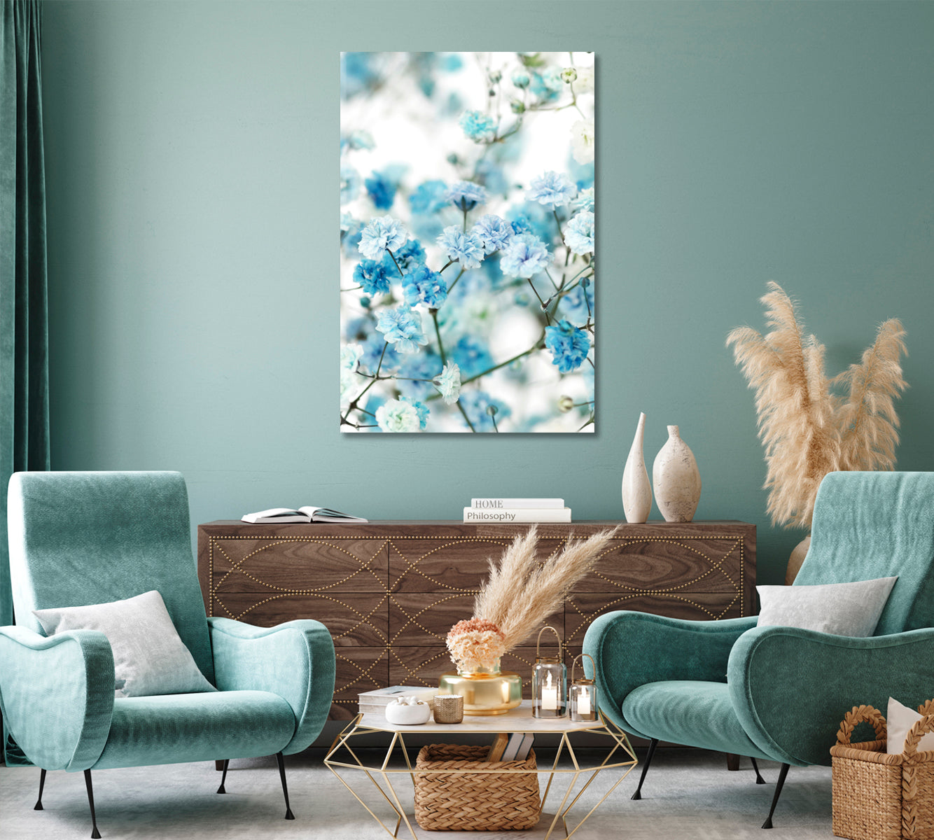 Blue Gypsophila Flowers Print Wall Art-Canvas Print-CetArt-1 panel-16x24 inches-CetArt