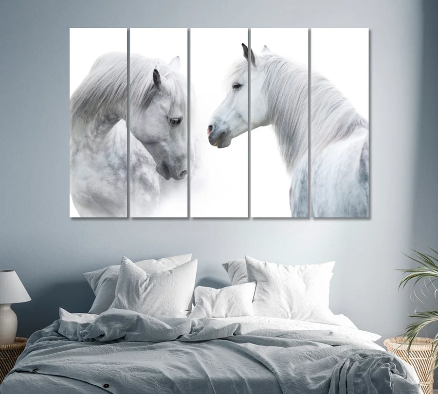 Minimal white horses portrait canvas print over a calm bedroom setup