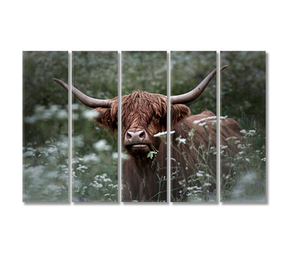 Highland Cow in Green Grass Wall Art Print-Canvas Print-CetArt-5 Panels-36x24 inches-CetArt