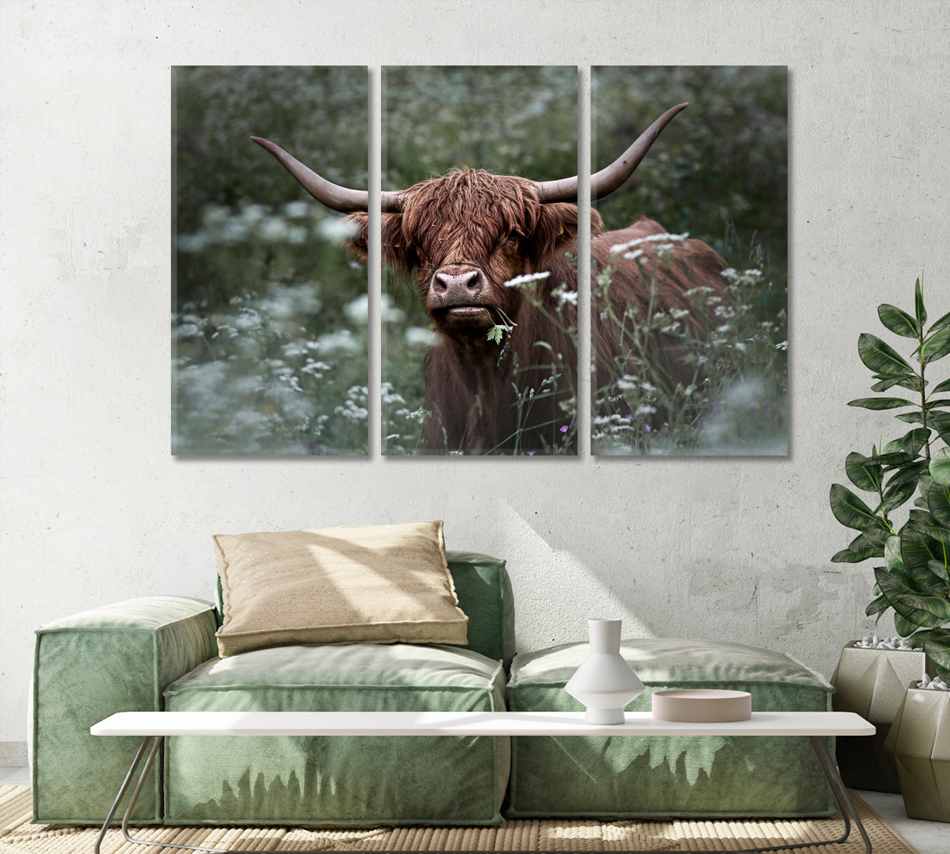 Highland Cow in Green Grass Wall Art Print-Canvas Print-CetArt-1 Panel-24x16 inches-CetArt