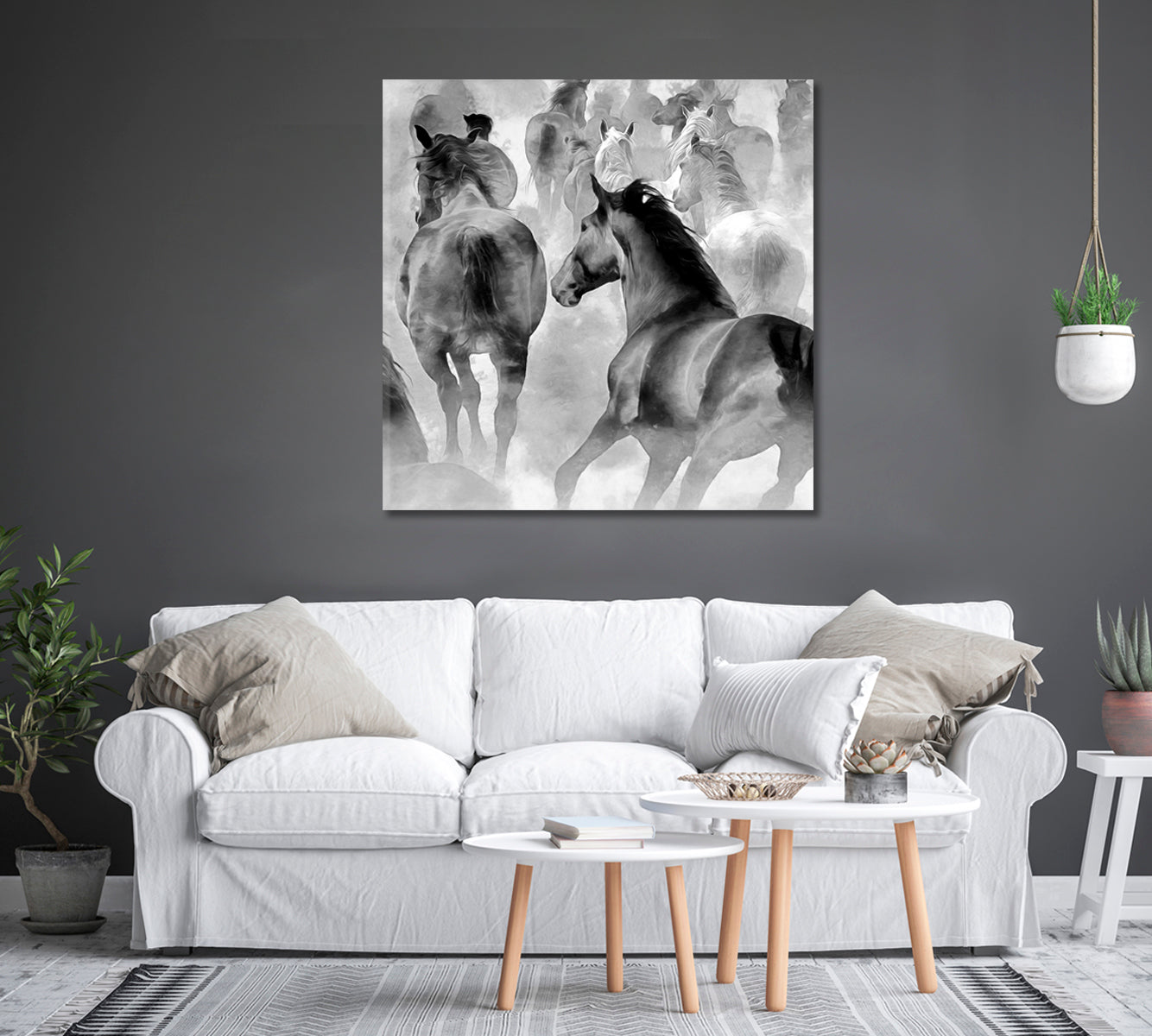 Horses Black and White Wall Decor-Canvas Print-CetArt-1 panel-12x12 inches-CetArt