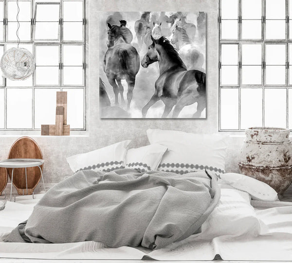 Herd of horses black and white canvas
