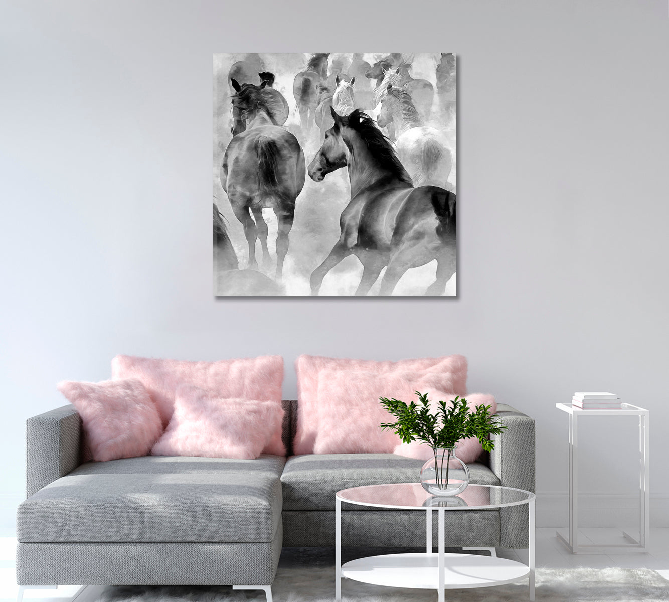 Horses Black and White Wall Decor-Canvas Print-CetArt-1 panel-12x12 inches-CetArt