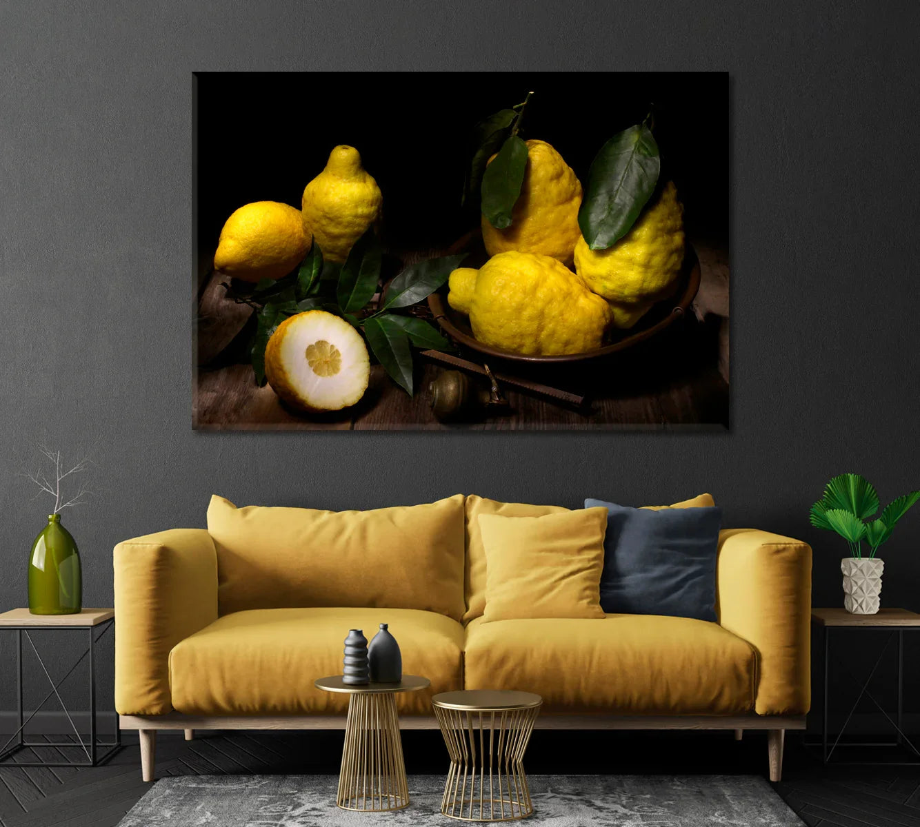 Classic lemons still life canvas — warm yellow and green tones