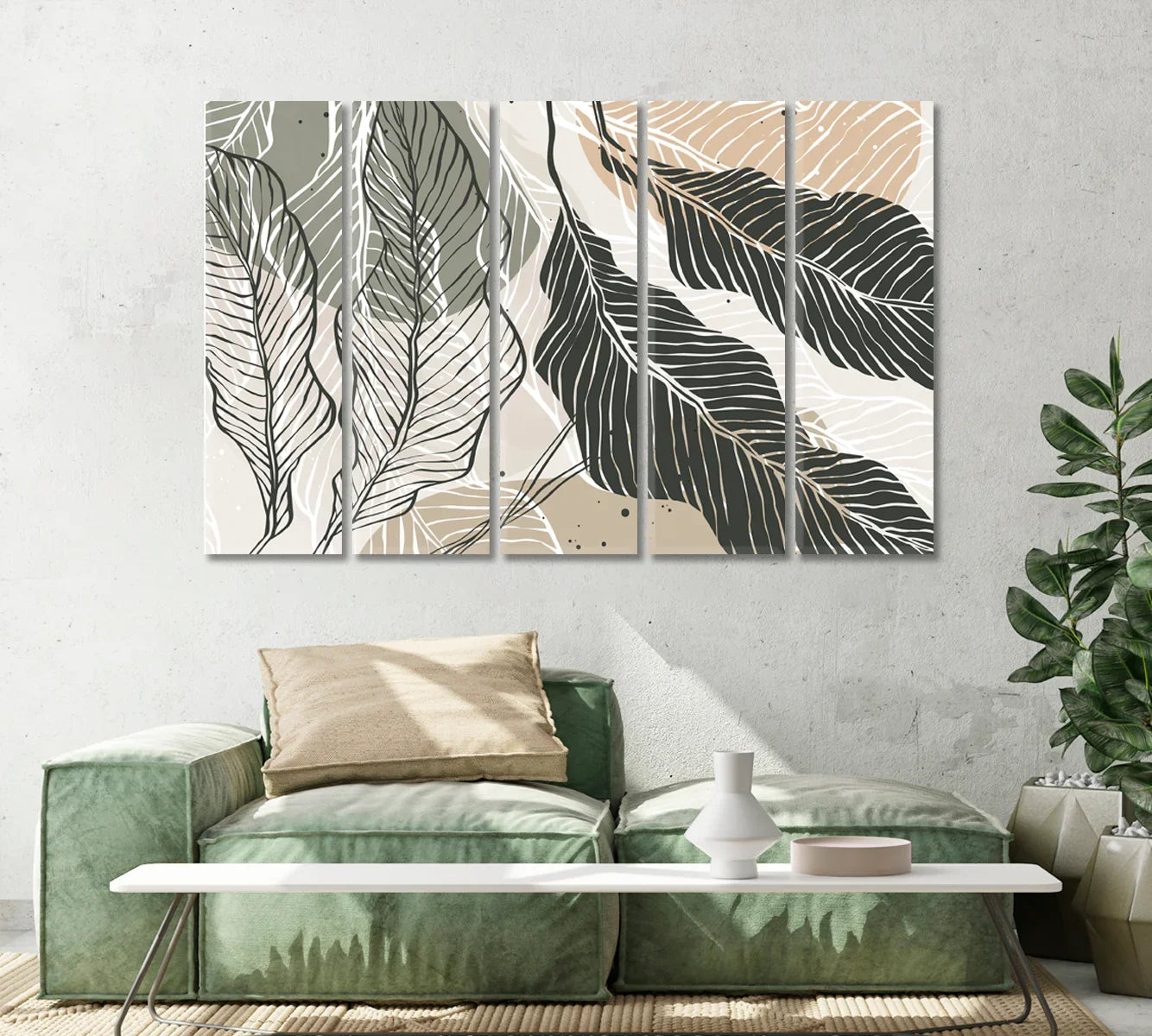 Multi-panel variation of Abstract Leaves Modern Wall Art above a green sofa