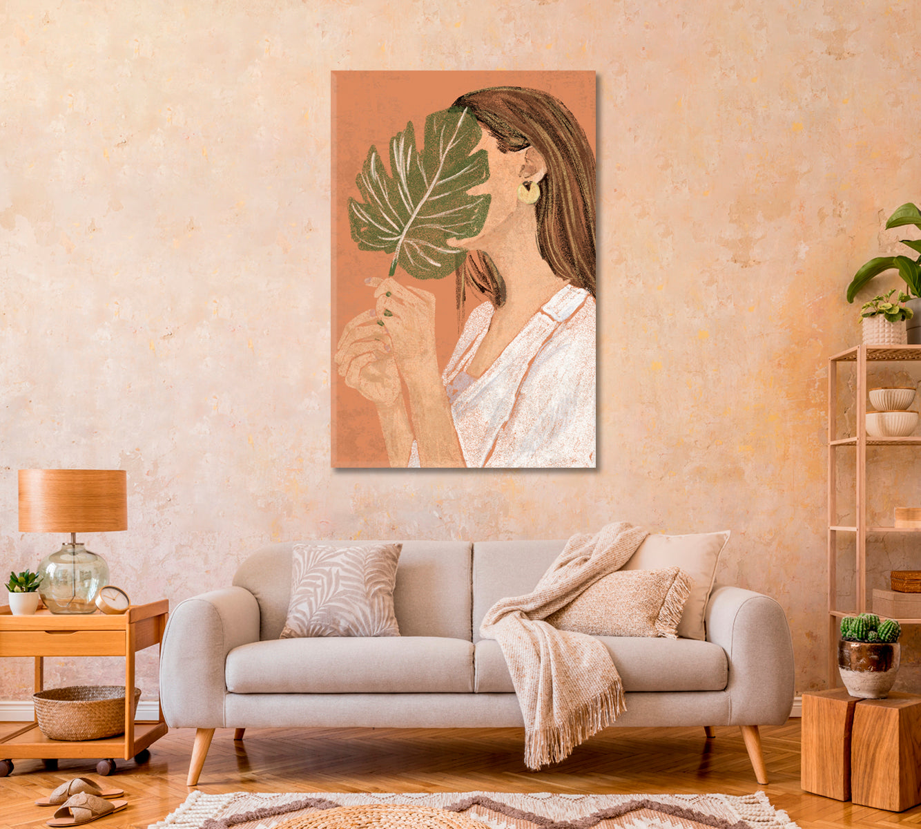 Woman Portrait with Palm Leaf Canvas-Canvas Print-CetArt-1 panel-16x24 inches-CetArt