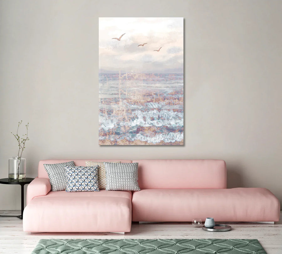 Soft boho ocean waves in blush and mist tones over a pink sofa