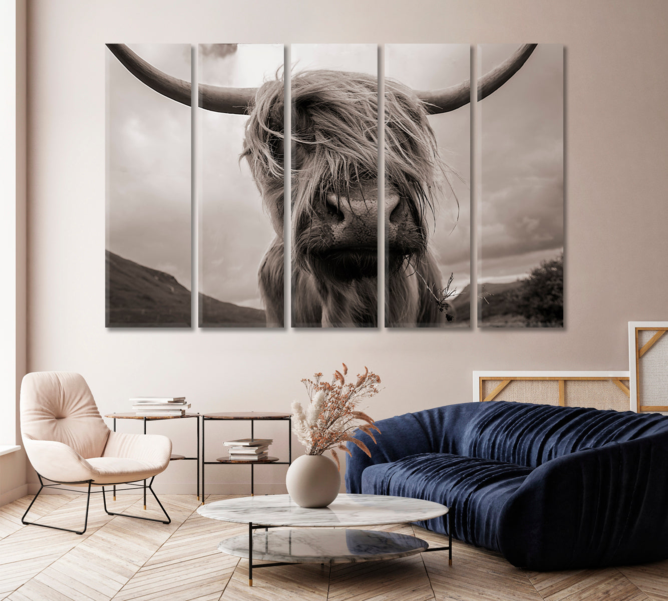 Highland Cow Black White Wall Art-Canvas Print-CetArt-1 Panel-24x16 inches-CetArt