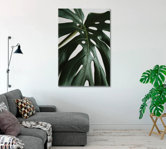 Monstera leaves botanical canvas in soft greens