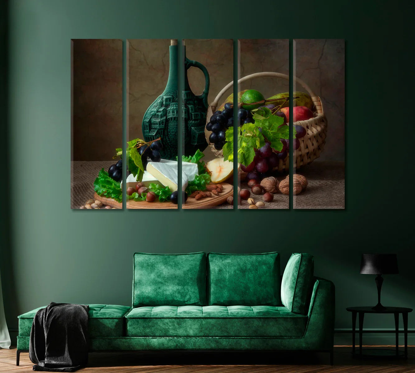 Cheese board with grapes, nuts, and green jug — multi-panel dining room canvas
