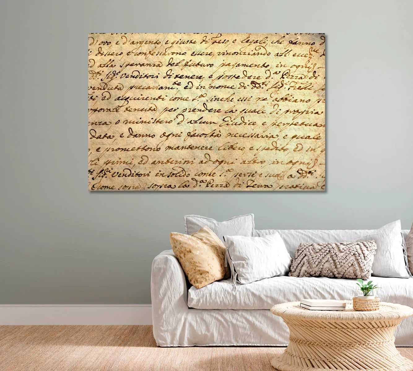 Gallery image: textured parchment-style abstract manuscript canvas in a neutral interior