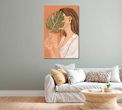 Woman Portrait with Palm Leaf Canvas-Canvas Print-CetArt-1 panel-16x24 inches-CetArt