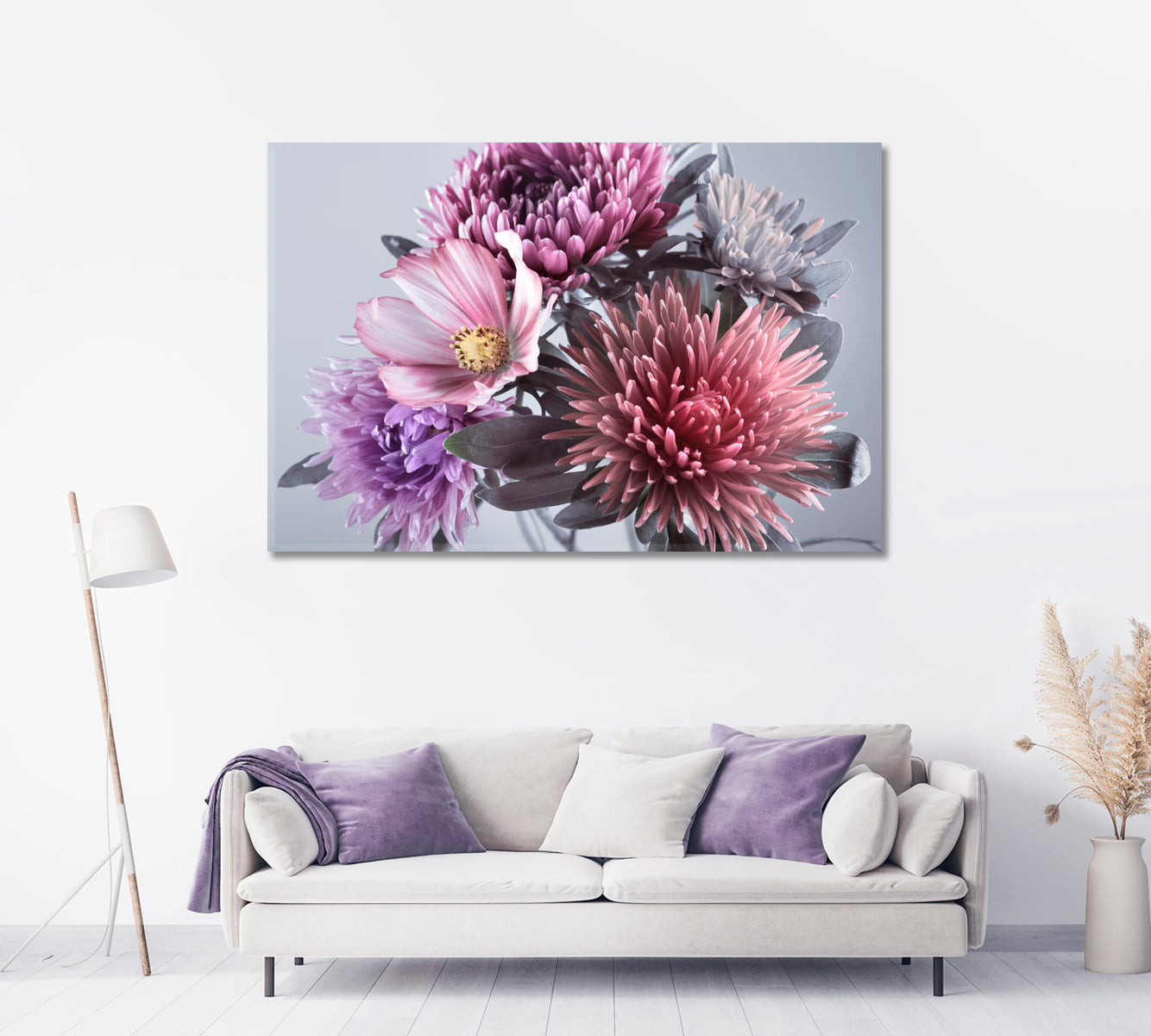 Purple Asters Flowers Art For Home-Canvas Print-CetArt-1 Panel-24x16 inches-CetArt