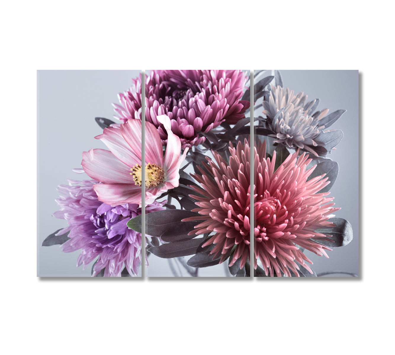 Purple Asters Flowers Art For Home-Canvas Print-CetArt-3 Panels-36x24 inches-CetArt