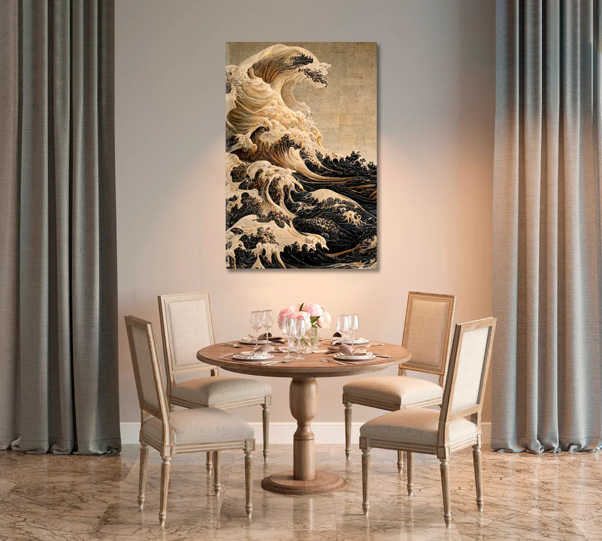 Dramatic vintage-style wave crashing on a sepia background in a dining room