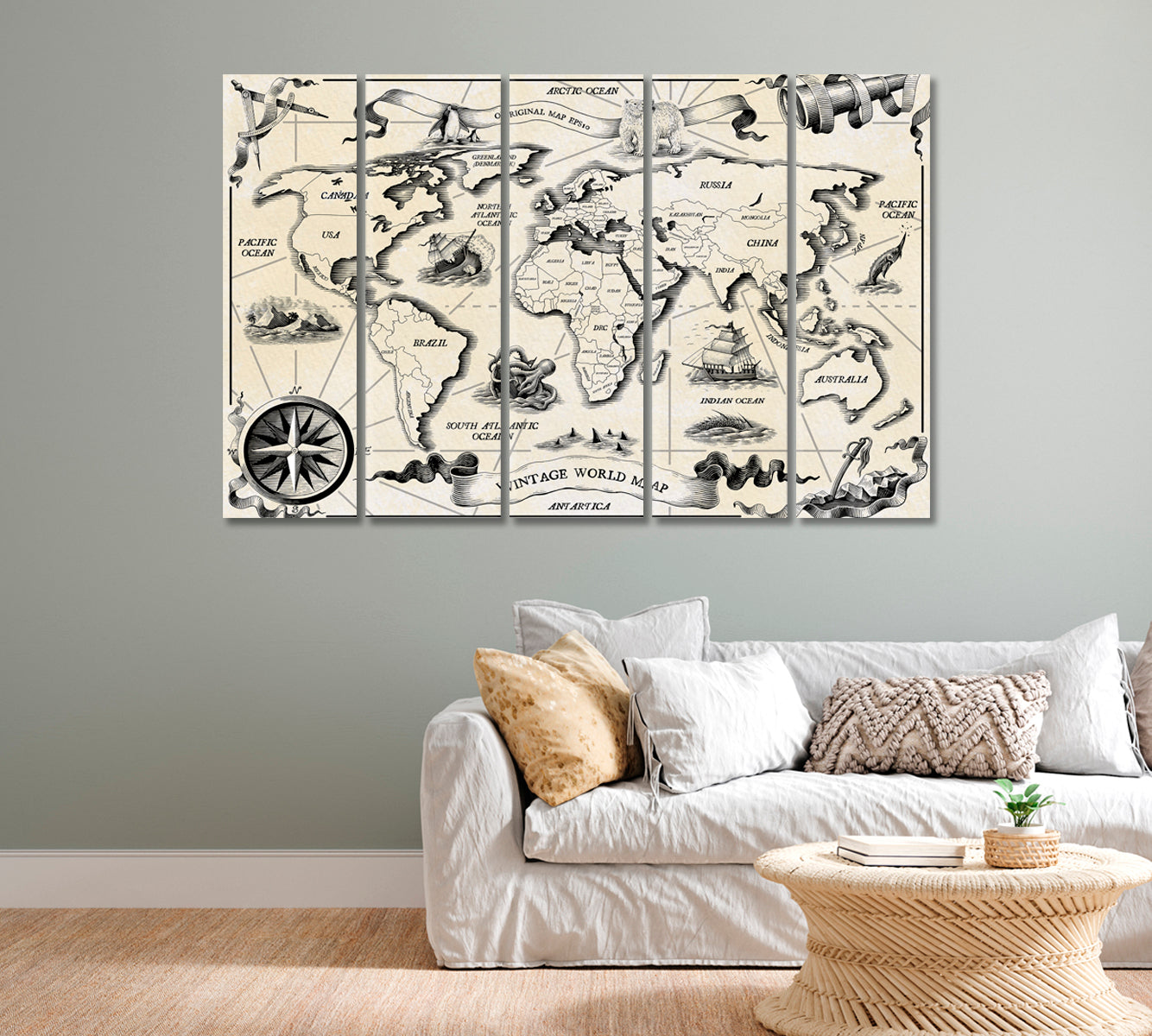 Vintage World Map Canvas Wall Decor-Canvas Print-CetArt-1 Panel-24x16 inches-CetArt