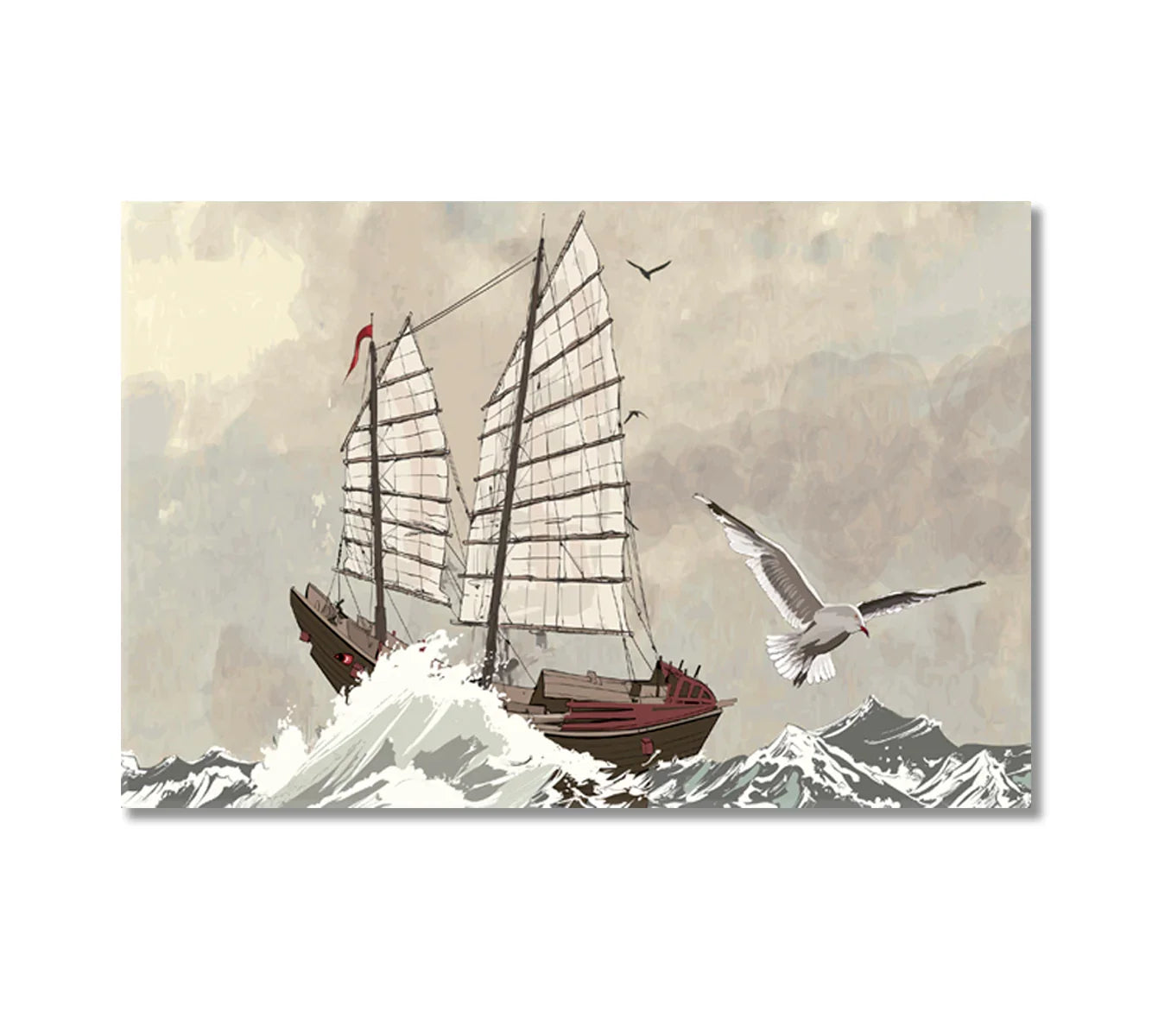 Illustrated vintage sailing ship cresting a wave with gulls overhead — a refined take on classic nautical.