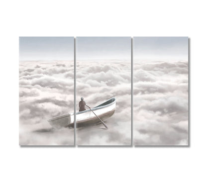 Boat in Clouds Sea Art Print-Canvas Print-CetArt-3 Panels-36x24 inches-CetArt