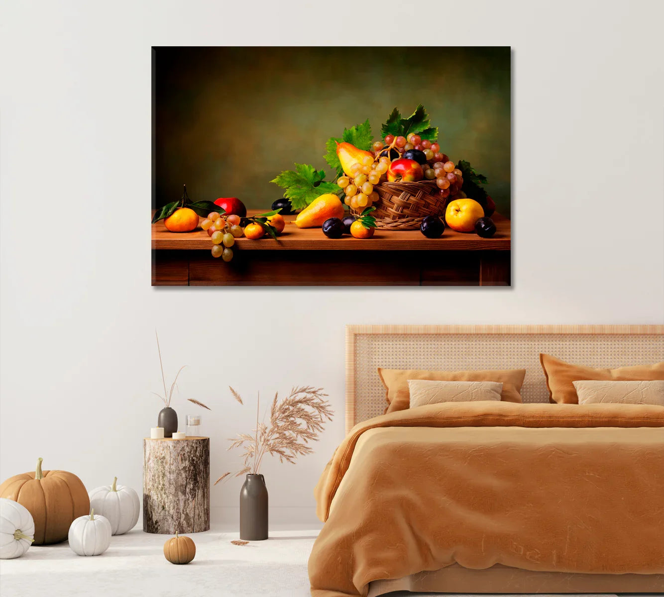 Fruit still life on a wooden table with grapes and citrus — rich dining room canvas in classic tones