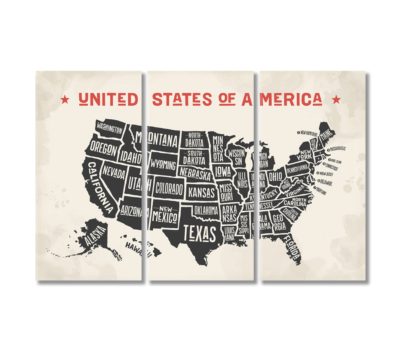 United States America Map Wall Art-Canvas Print-CetArt-3 Panels-36x24 inches-CetArt
