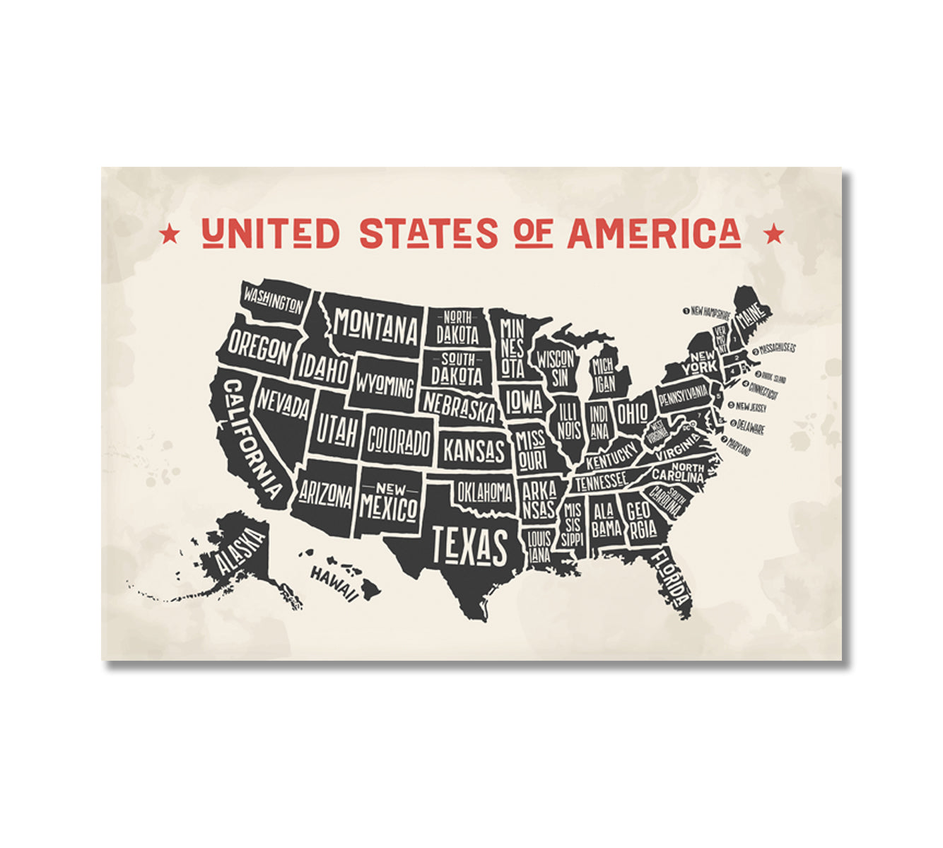 United States America Map Wall Art-Canvas Print-CetArt-1 Panel-24x16 inches-CetArt