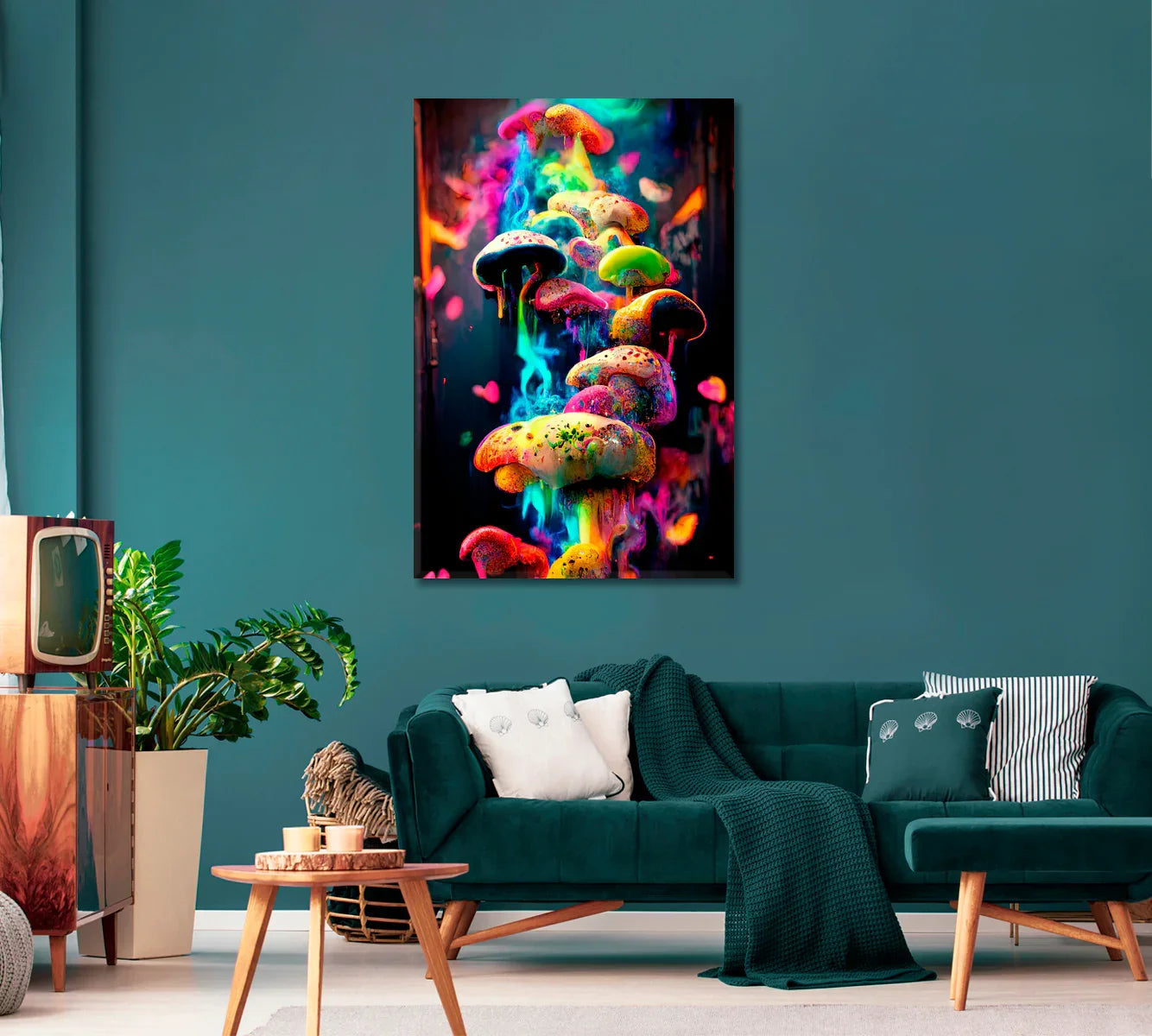 Vibrant mushroom canvas styled on teal wall — living room placement idea