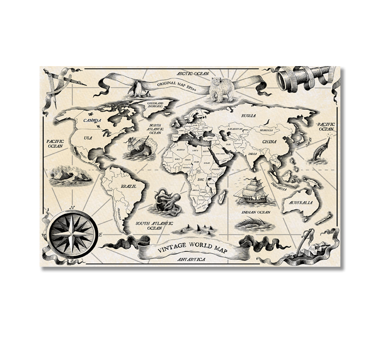 Vintage World Map Canvas Wall Decor-Canvas Print-CetArt-1 Panel-24x16 inches-CetArt
