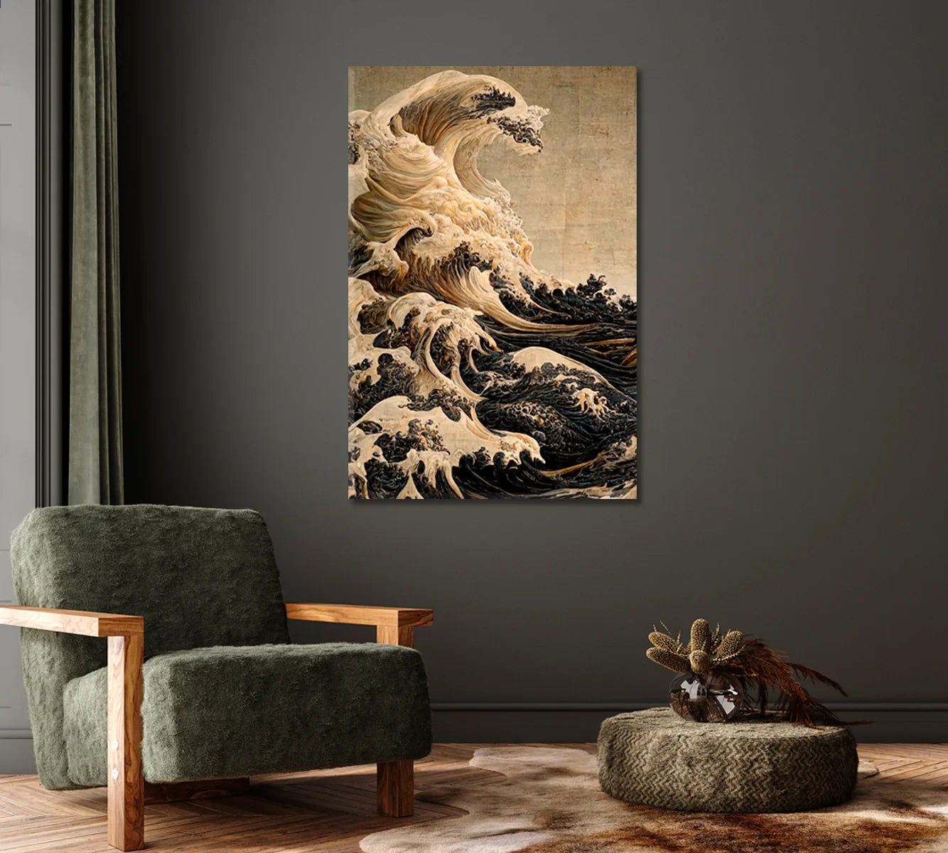 Stormy blue ocean waves canvas print above a console in evening lighting