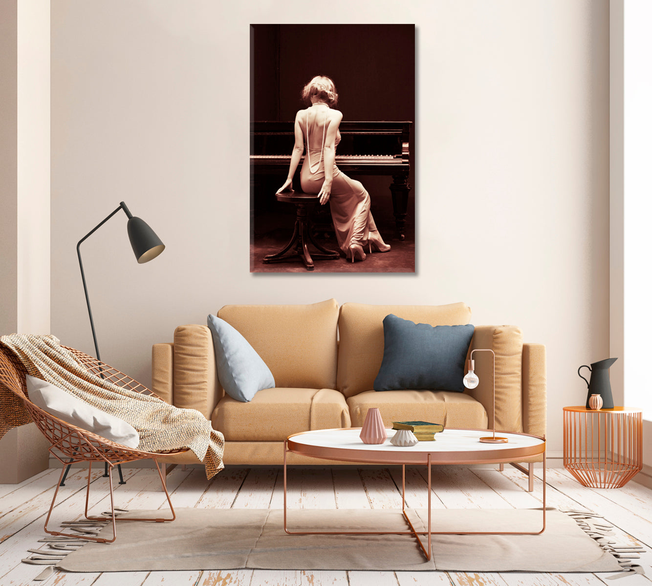 Woman with Piano Vintage Wall Art-Canvas Print-CetArt-1 panel-16x24 inches-CetArt