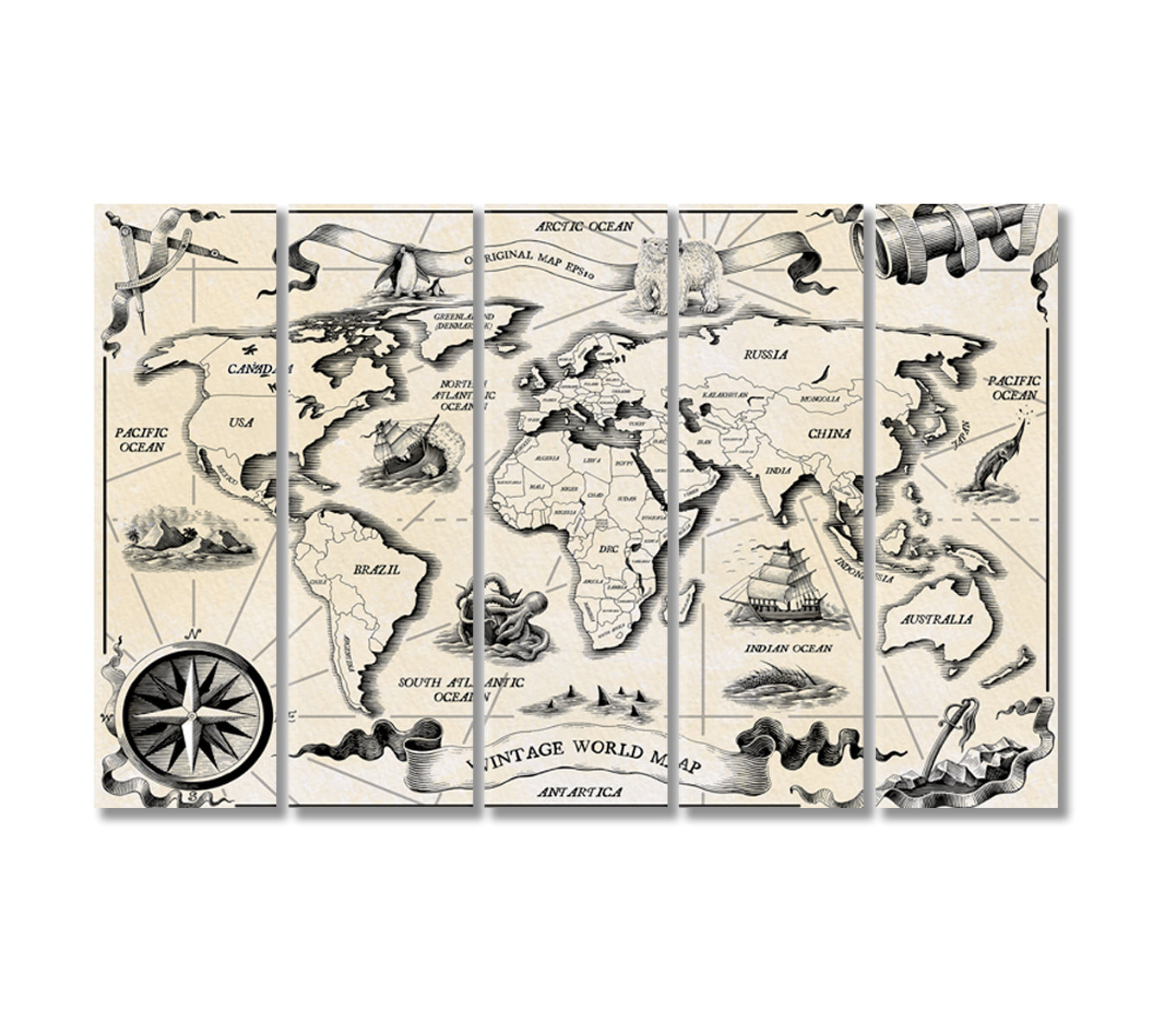 Vintage World Map Canvas Wall Decor-Canvas Print-CetArt-5 Panels-36x24 inches-CetArt