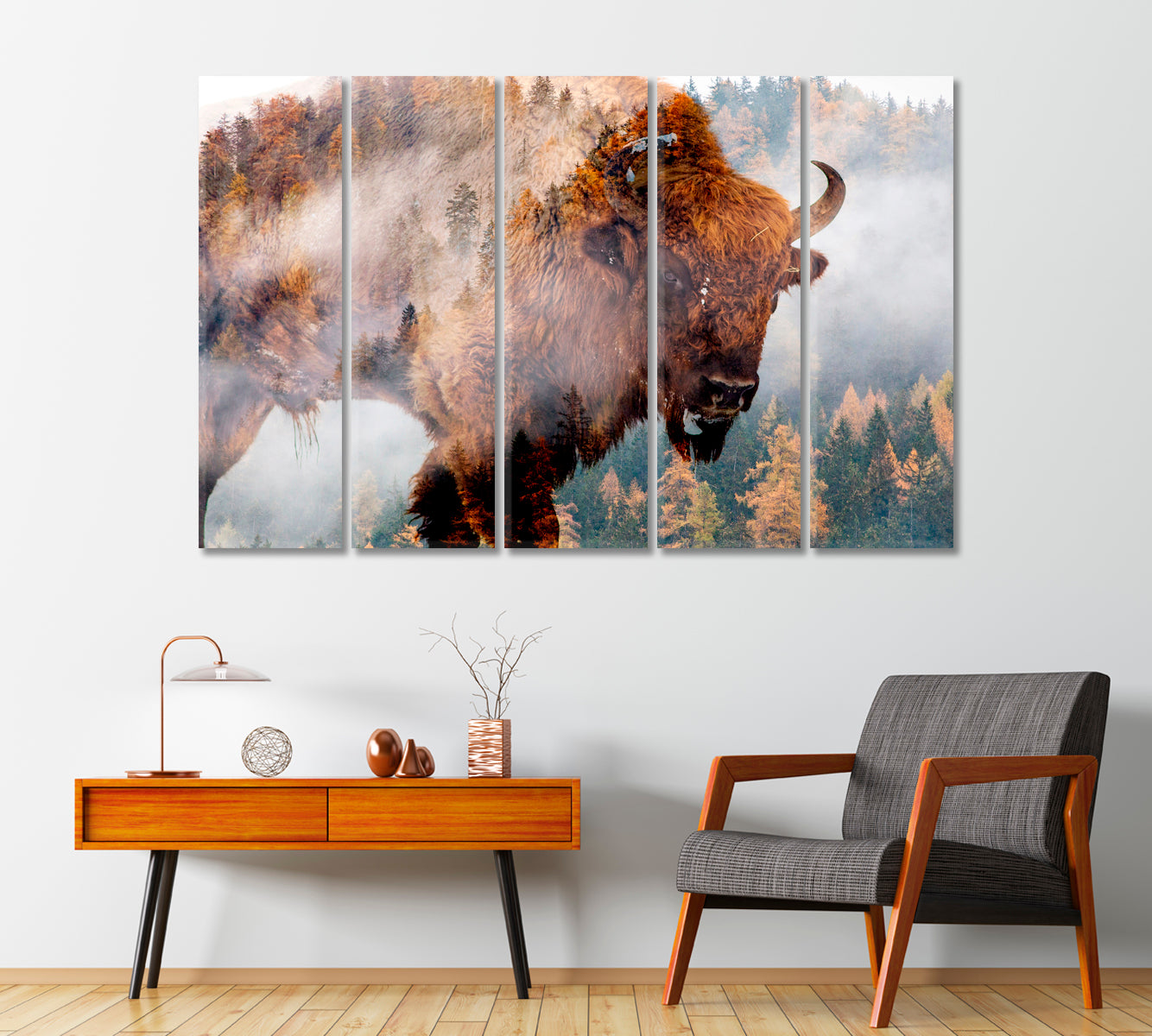 Bison in Forest Art For Home-Canvas Print-CetArt-1 Panel-24x16 inches-CetArt