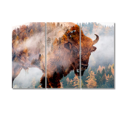Bison in Forest Art For Home-Canvas Print-CetArt-3 Panels-36x24 inches-CetArt