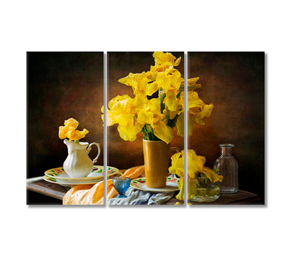 Yellow Irises Still Life Art Print-Canvas Print-CetArt-3 Panels-36x24 inches-CetArt